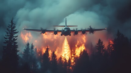 Aerial firefighting aircraft dropping water over a raging forest fire