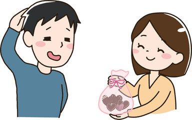 女性から袋に入ったハート型のチョコレートをプレゼントされる男性