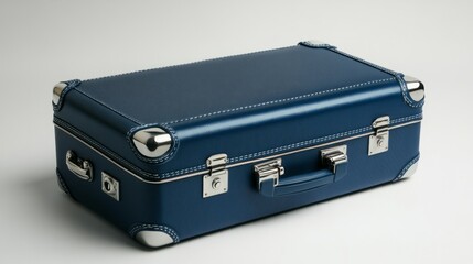 Sleek navy blue suitcase with smooth contours and metallic details, placed on a clean white background 