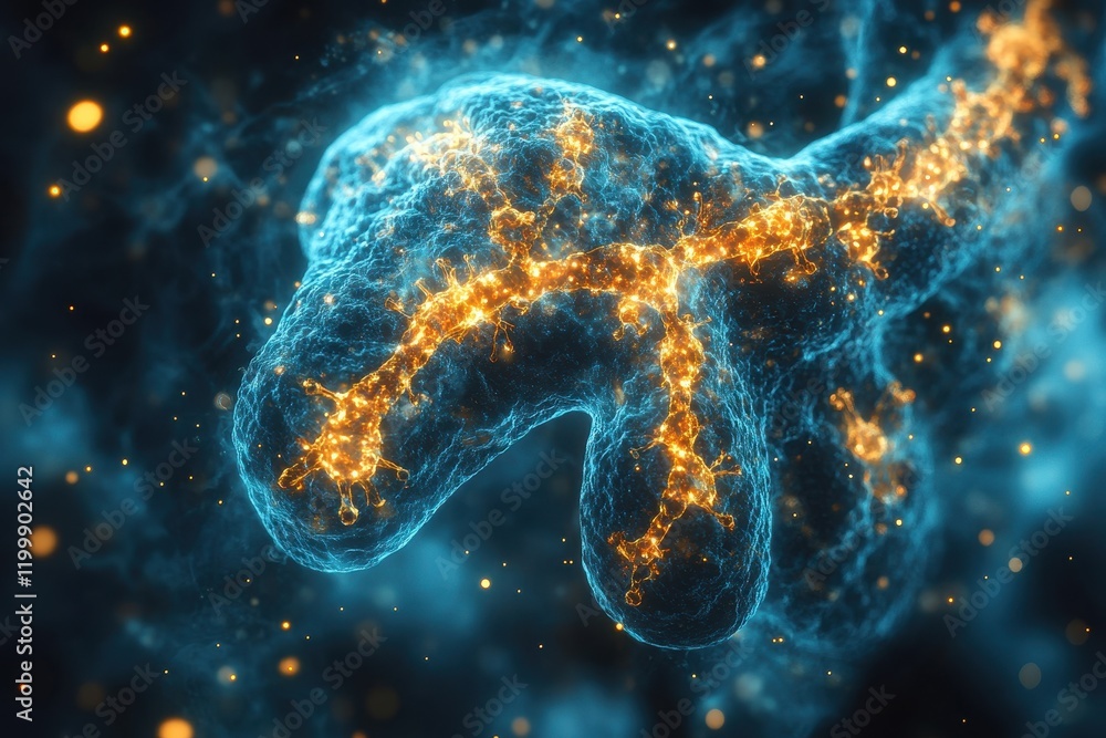 Poster exploring the intricate details of cellular structures illuminated by glowing particles in a dark en