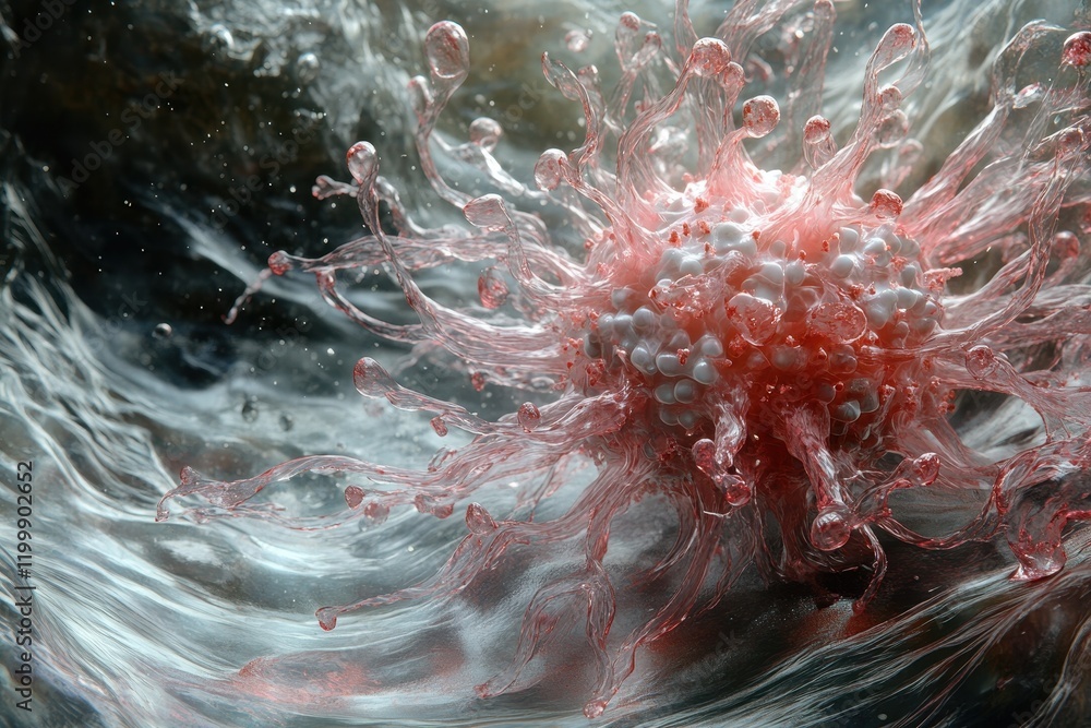 Poster intricate close-up of a vibrant, abstract representation of a cellular structure in a flowing enviro