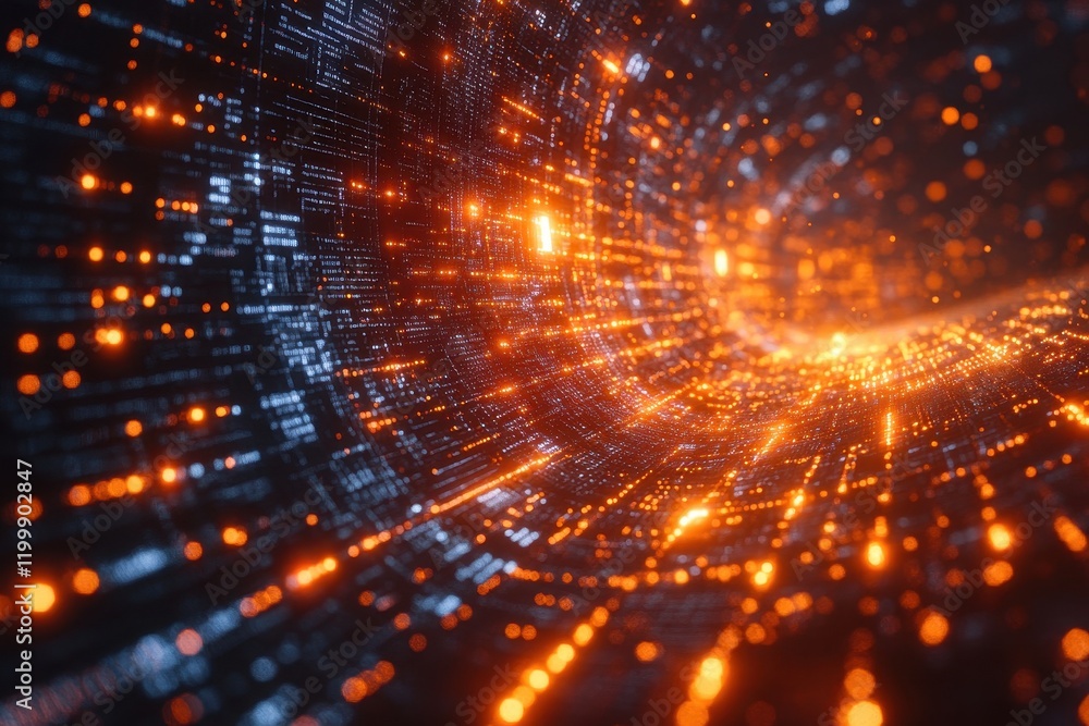 Poster dynamic flow of orange and blue lights in a digital tunnel representing data transfer and technology