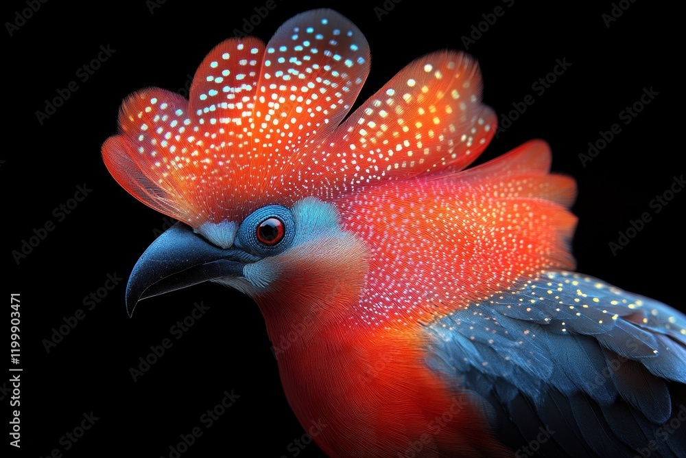 Poster colorful bird with vibrant feathers displaying intricate patterns against a dark background
