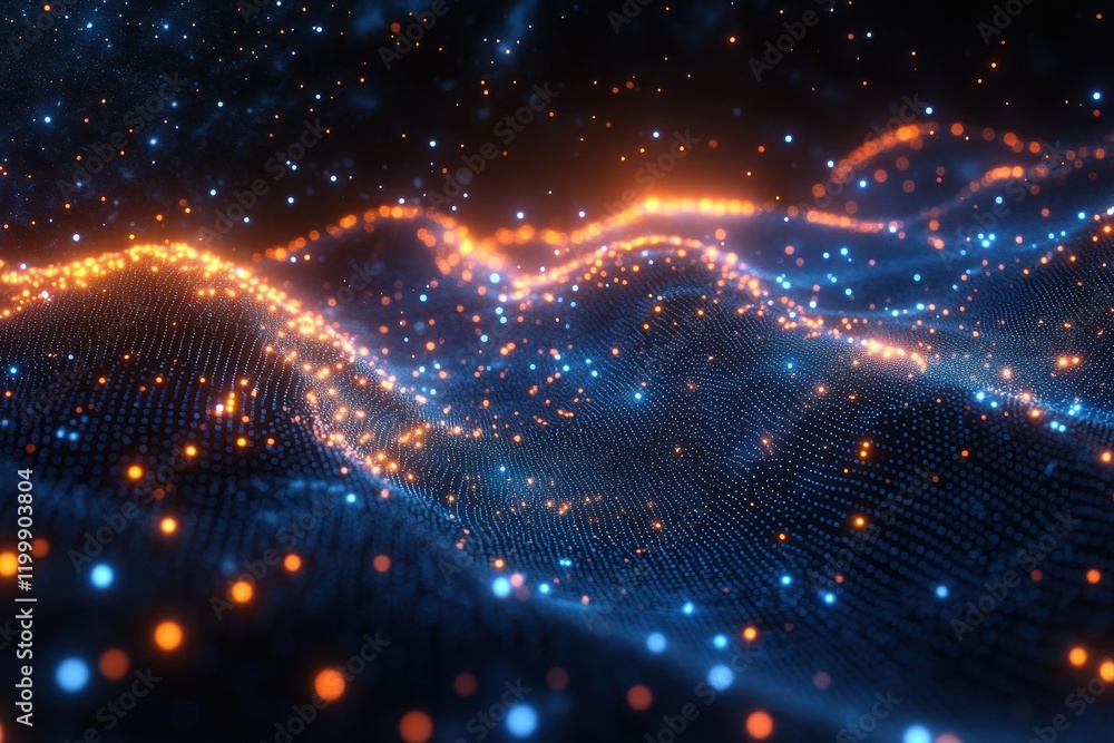 Poster colorful light waves create a mesmerizing digital landscape in a dark environment during a nighttime