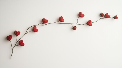 Minimalist red heart-shaped flower branch on white background, romantic nature-inspired decor