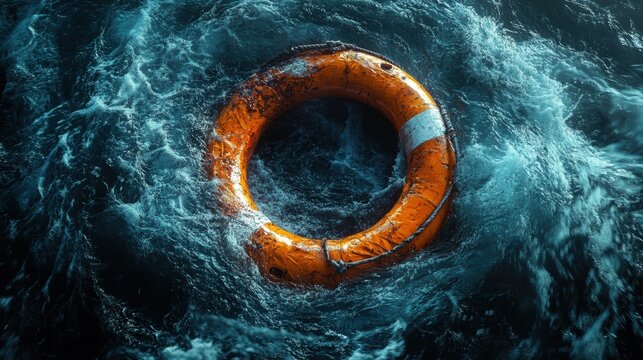 Orange life buoy floating in rough ocean waves for maritime safety theme