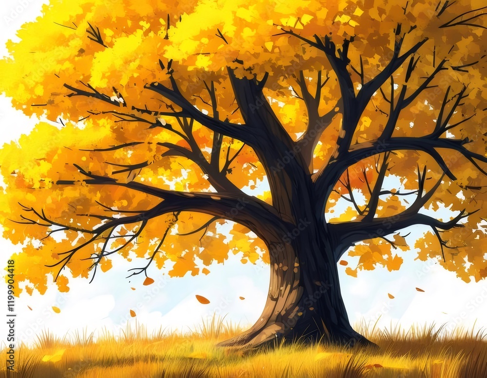 Wall mural Golden autumn tree, meadow, fall leaves. Nature scene, postcard design.