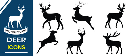Obraz premium Deer vector, silhouette design. Silhouettes of deer icon. Set of wild deer silhouettes isolated on white background. Male and female deer vector illustration.