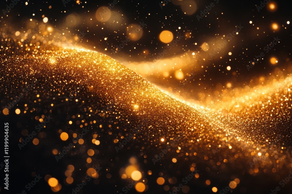 Poster sparkling golden particles create a mesmerizing wave effect with a glowing ambiance in a dark backgr