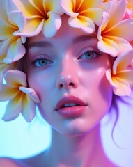 Closeup portrait of beautiful girl model clear radiant skin tone with flowers