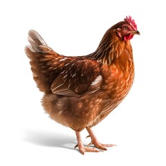Fototapeta premium A brown chicken stands on a clean white background, showcasing its feathers and posture.