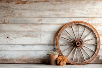 Obraz premium A vintage wooden wagon wheel leaning against a rustic barn wall, with details of weathered wood and iron bands