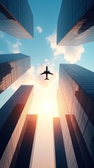 Skycraper structural building with airplane flying in the sky