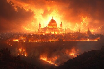 Fototapeta premium Mysterious city engulfed in flames under an apocalyptic sky at dusk
