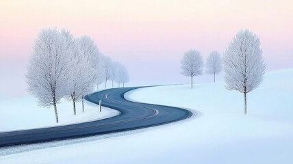Obraz premium Serene winter landscape featuring a winding road through snow-covered trees.