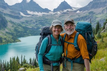 Active Senior Couple Enjoying a Scenic Mountain Hike With Backpacks and Smiles. Generative AI
