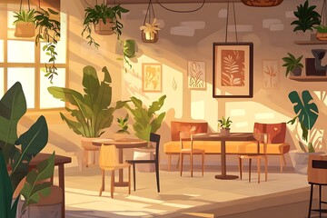 Sun-Drenched Bohemian Cafe Interior with Lush Greenery and Warm Lighting