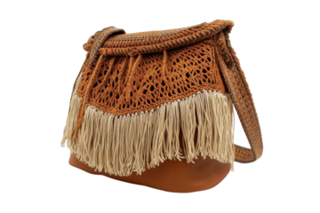 Bohemian style crochet handbag with fringe and leather base for casual outings or festivals