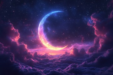 Obraz premium Vibrant crescent moon illuminated among colorful clouds and twinkling stars at night