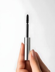 Obraz premium Elegant Silver Mascara Tube in Feminine Hand Against White Background