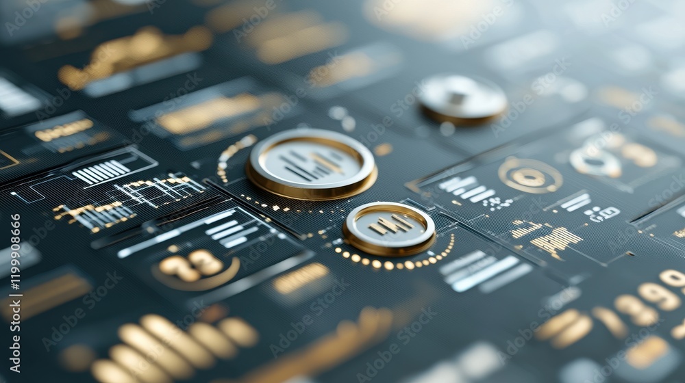 Poster A close-up of a futuristic digital interface featuring various icons and buttons, emphasizing technology and user interaction.