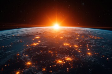 Obraz premium Spectacular sunrise over Earth revealing glowing city lights and vast oceans from space viewpoint