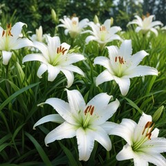 Fototapeta premium Close-up of white lilies blooming among blades of green grass, fresh, vibrant, flora, flora