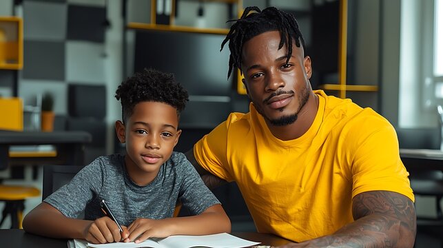 Father and son studying together at home, office background. Education, family