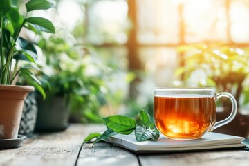 A writer taking a break from their laptop to sip tea, with a notebook full of handwritten ideas nearby