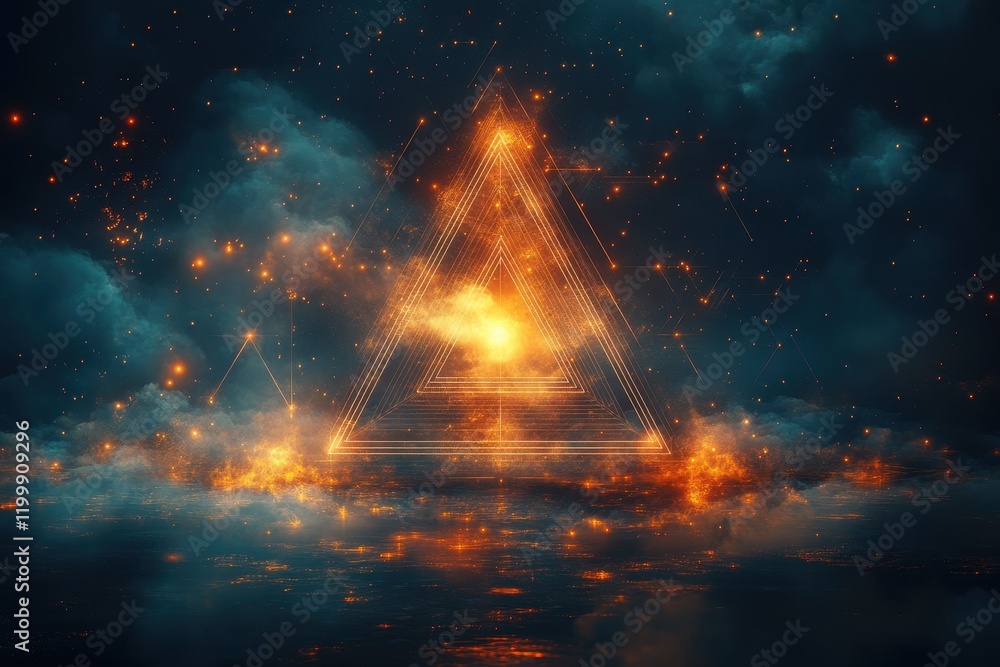 Poster illuminated triangular shape with glowing elements amidst a dark starry backdrop at night