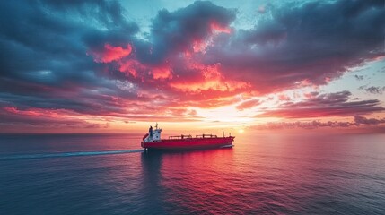 Naklejka premium Cargo ship sailing at sunset over tranquil waters