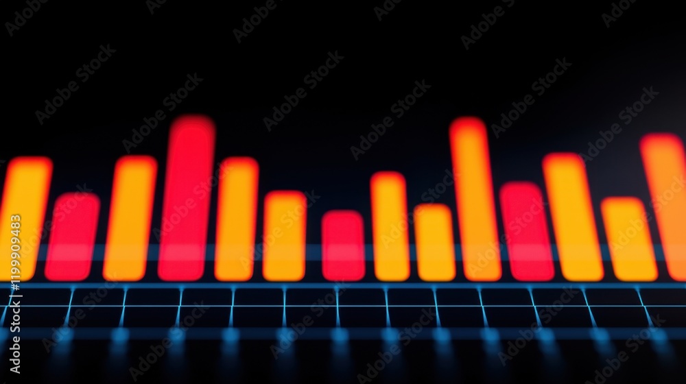 Poster An abstract visualization of colorful bars representing data, illuminated against a dark background, highlighting trends and variations.