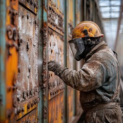 Obraz premium Worker cleans rusty train car, protective gear.