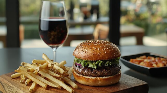 Gourmet burger and fries upscale restaurant food modern setting close-up culinary delight