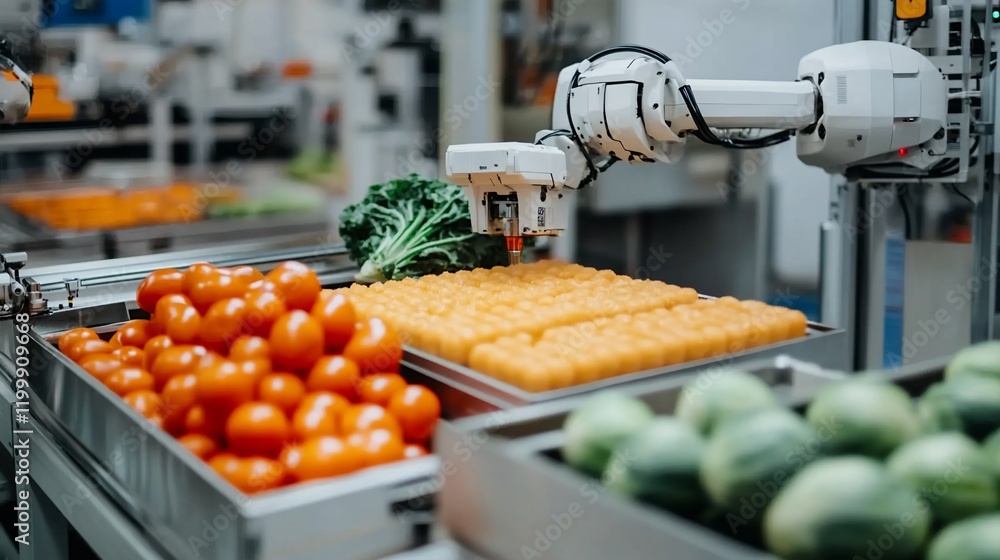 Poster automated food processing: robotic arm sorting and packaging fresh produce