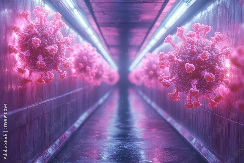 Poster intricate visual of pink-colored virus structures in a futuristic corridor setting at nighttime