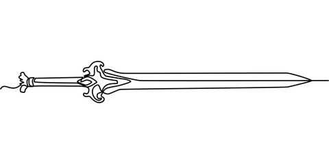 Continuous line drawing of sword, doodle icon design, object one line, single line art, vector illustration, Hand holding sword continuous line art drawing. Hand-drawn sword outline vector isolated.