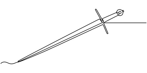Continuous line drawing of sword, doodle icon design, object one line, single line art, vector illustration, Hand holding sword continuous line art drawing. Hand-drawn sword outline vector isolated.