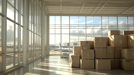 Sunlit warehouse with stacked boxes at an airport terminal