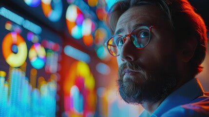 Close-up of a project manager presenting a prototype in a meeting room filled with colorful charts and screens 