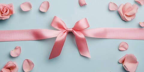 Cancer with awareness and compassion concept. Pink ribbon with roses on a blue background.