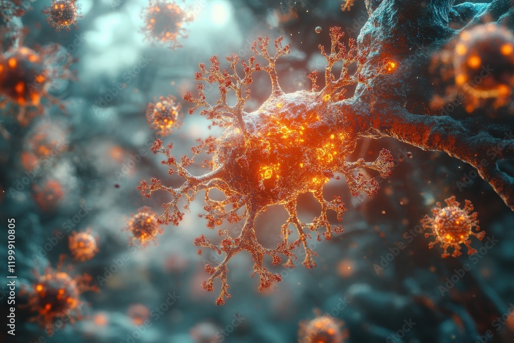 Aufkleber microscopic view of virus particles interacting with host cell structures in vibrant detail