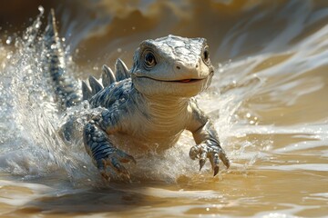 Fototapeta premium Lizard splashes through shallow water with playful energy during a sunny day at a riverbank