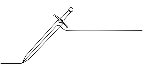Continuous line drawing of sword, doodle icon design, object one line, single line art, vector illustration, Hand holding sword continuous line art drawing. Hand-drawn sword outline vector isolated.