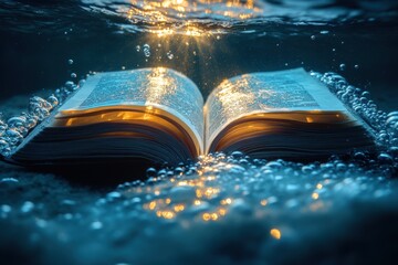 Fototapeta premium Book submerged in water creating a surreal underwater atmosphere with bubbles and warm light reflections