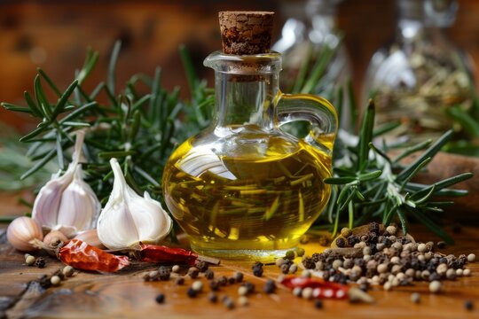 Glass cruet with olive oil infused with rosemary, surrounded by garlic, chili pepper and peppercorns, creating a rustic culinary scene