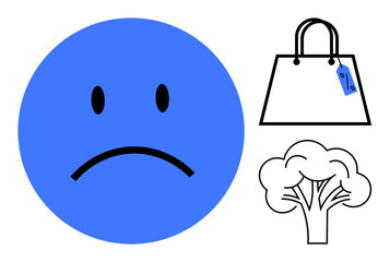 Blue sad face expressing negative emotion, shopping bag with sale tag representing consumerism, and tree outline signifying nature. Ideal for emotions, consumer behavior, nature conservation