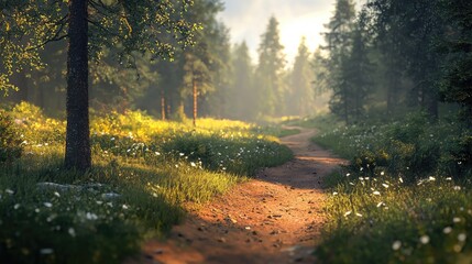 Fototapeta premium Serene forest pathway illuminated by soft sunlight