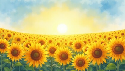 Fototapeta premium Vibrant Sunflower Field Illuminated by Setting Sun: Golden Petals Against Blue and White Sky