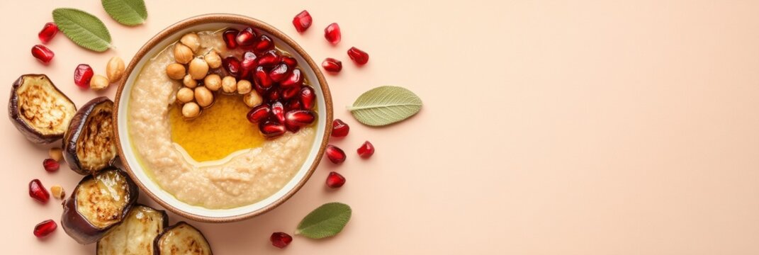 Delight in the flavors of mutabbal with smoked eggplant and vibrant pomegranate garnishes